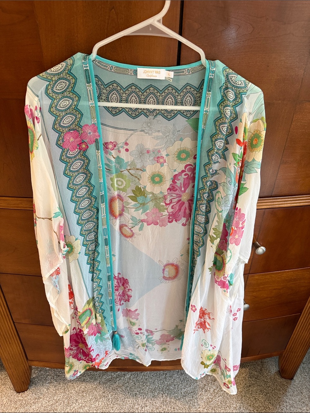 Johnny Was Floral Open-Front Tunic in Teal, White, Pink